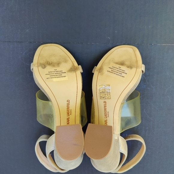 KARL LAGERFELD PARIS Raya Taupe/Beige Velvet Block Heels Ankle Strap Sandal 6.5 - Picture 8 of 11